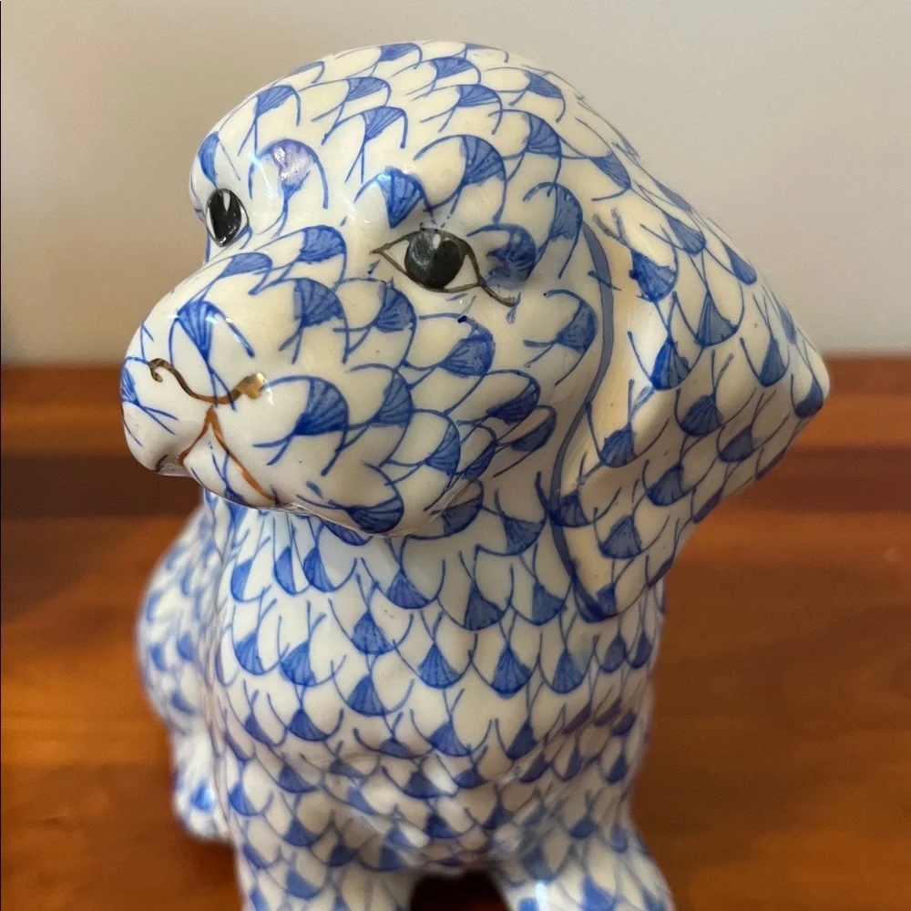 Blue White Fishnet Porcelain Herend Style Dog Vintage Chinoiserie Decor - Picture 3 of 7